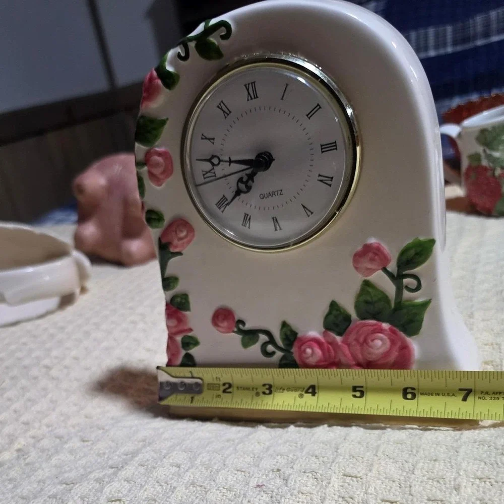 Vintage Ceramic Pink Rose Mantel Clock Roman Numeral Quartz Cottagecore Decor